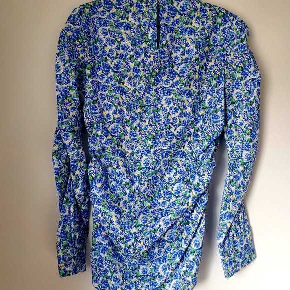 ZARA Floral Long Sleeve Top Blouse Artsy Ruched Design Blue & Green Fall Winter - Picture 6 of 7